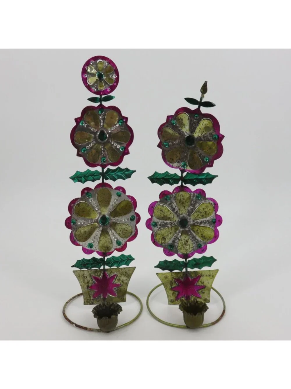 VTG Punch Tin Folk Art Pair 2 Candle Holders Pink Yellow Green Retro Christmas